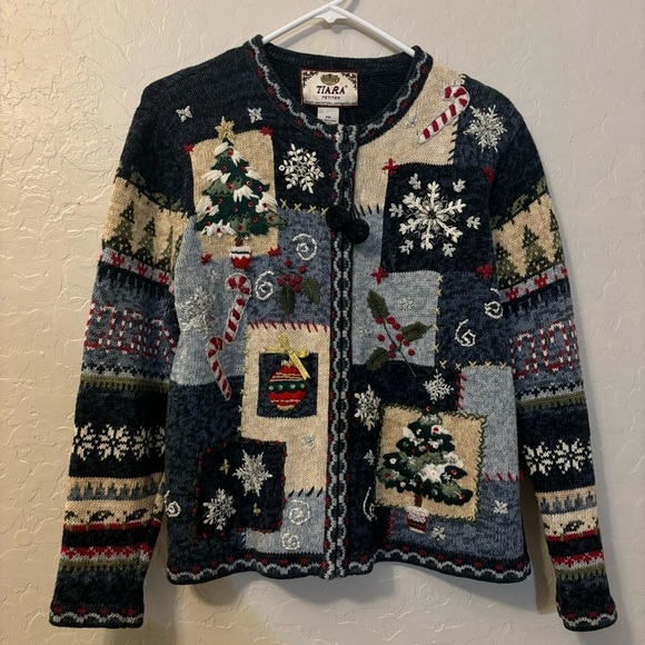 Vintage Tiara Blue Holiday Christmas Patchwork Pom Pom Tassel Cardigan Sweater - Picture 1 of 11